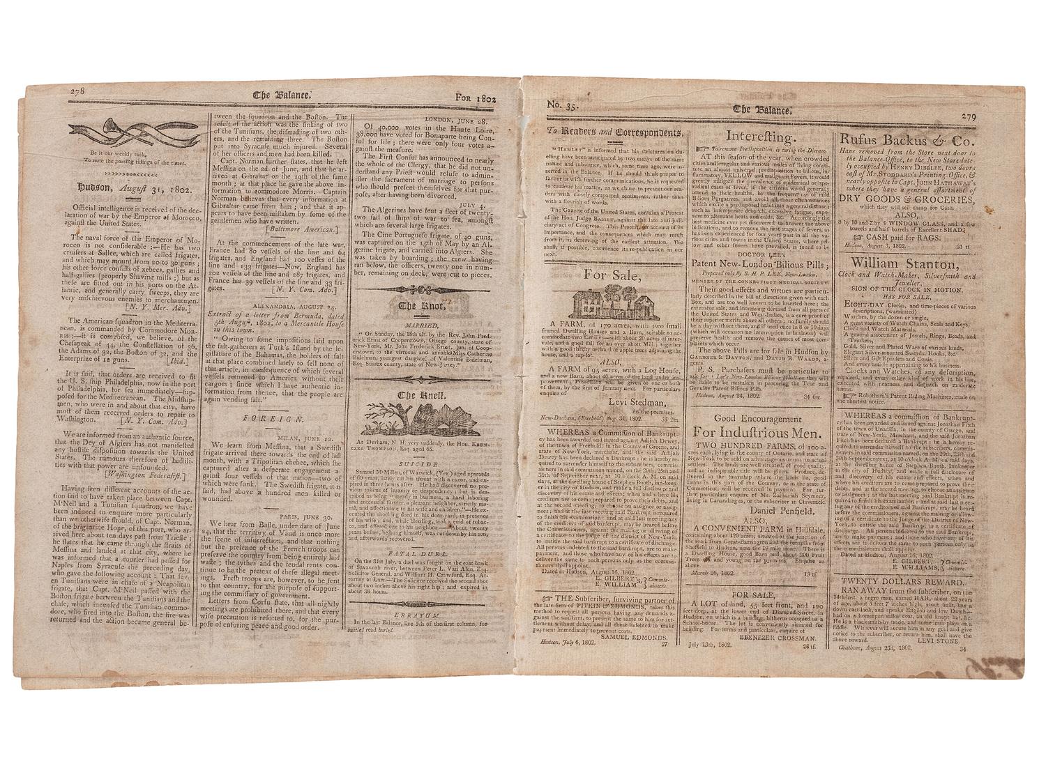 [SLAVERY & ABOLITION]. Advertisements for the return of freedom seekers published in 13 issues of The Balance, and Columbian Repository . Nos. 20-43. Hudson, NY: Sampson, Chittenden & Croswell. 18 May-26 October 1802.