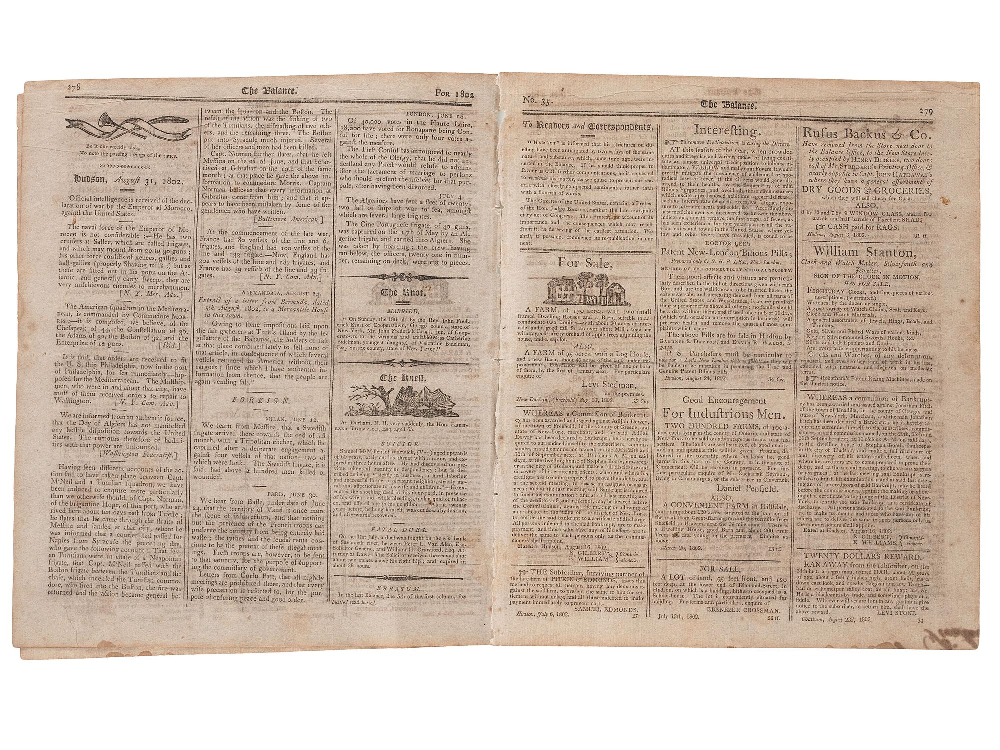 [SLAVERY & ABOLITION]. Advertisements for the return of freedom seekers published in 13 issues of The Balance, and Columbian Repository . Nos. 20-43. Hudson, NY: Sampson, Chittenden & Croswell. 18 May-26 October 1802.