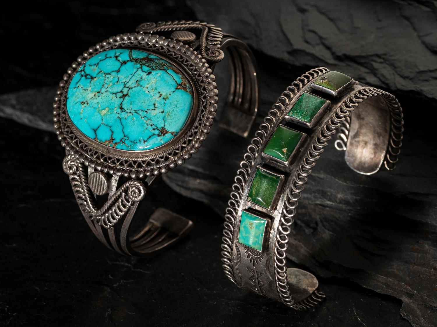 Pair of Navajo or Pueblo Silver and Turquoise Cuff Bracelets, with Filagree Accents