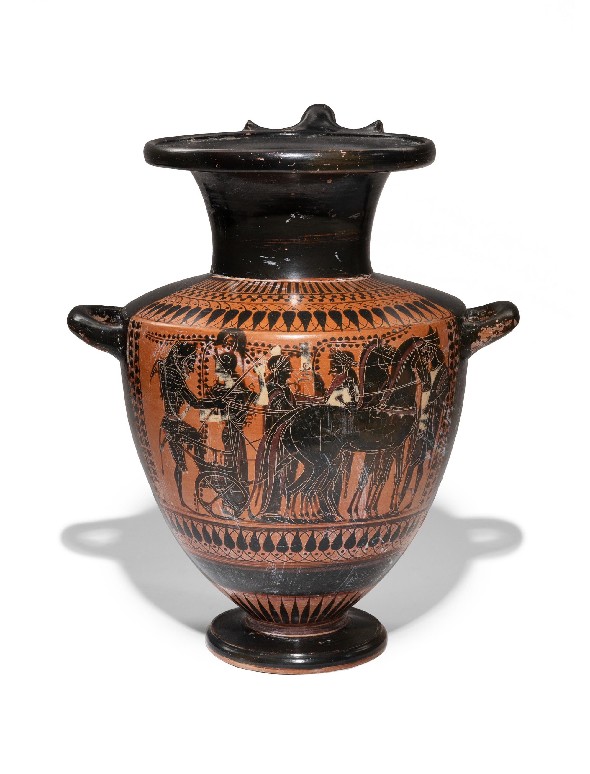 An Attic Black-Figured Hydria with Herakles Mounting His Quadriga