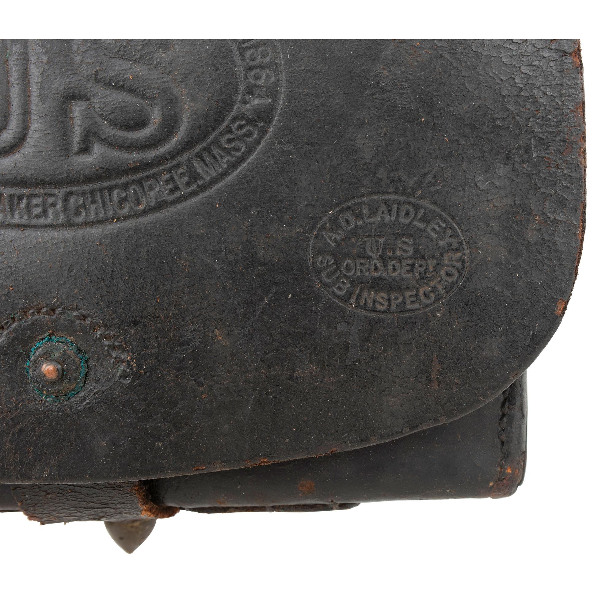 Group of Civil War Era Accoutrements: 2 Mann's Patent Cartridge Boxes, 2 Cap Pouches and 2 Carbine Sockets
