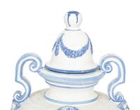A Pair of Italian Blue and White Glazed Ceramic Covered Urns