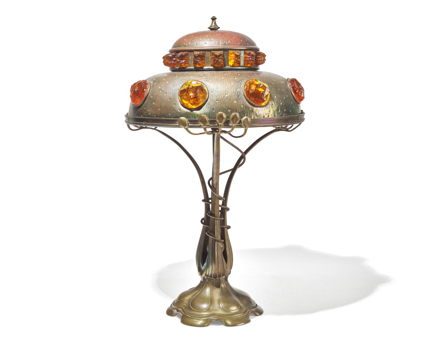 A Jugendstil cast brass and chunk glass "jewel" table lamp, Hermann Eichberg, cast by Braeunlich & Langlotz, Berlin, Germany, circa 1900