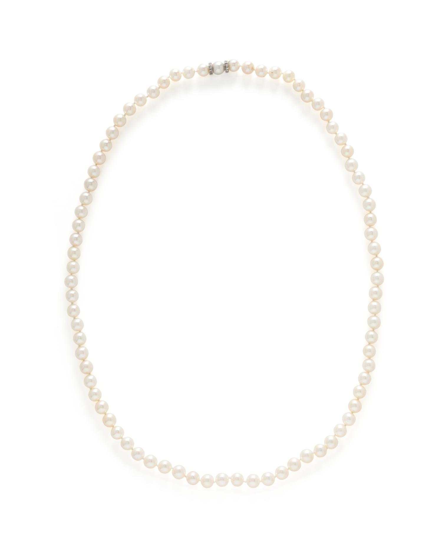 THREE CULTURED PEARL AND DIAMOND NECKLACES WITH TWO BRACELETS