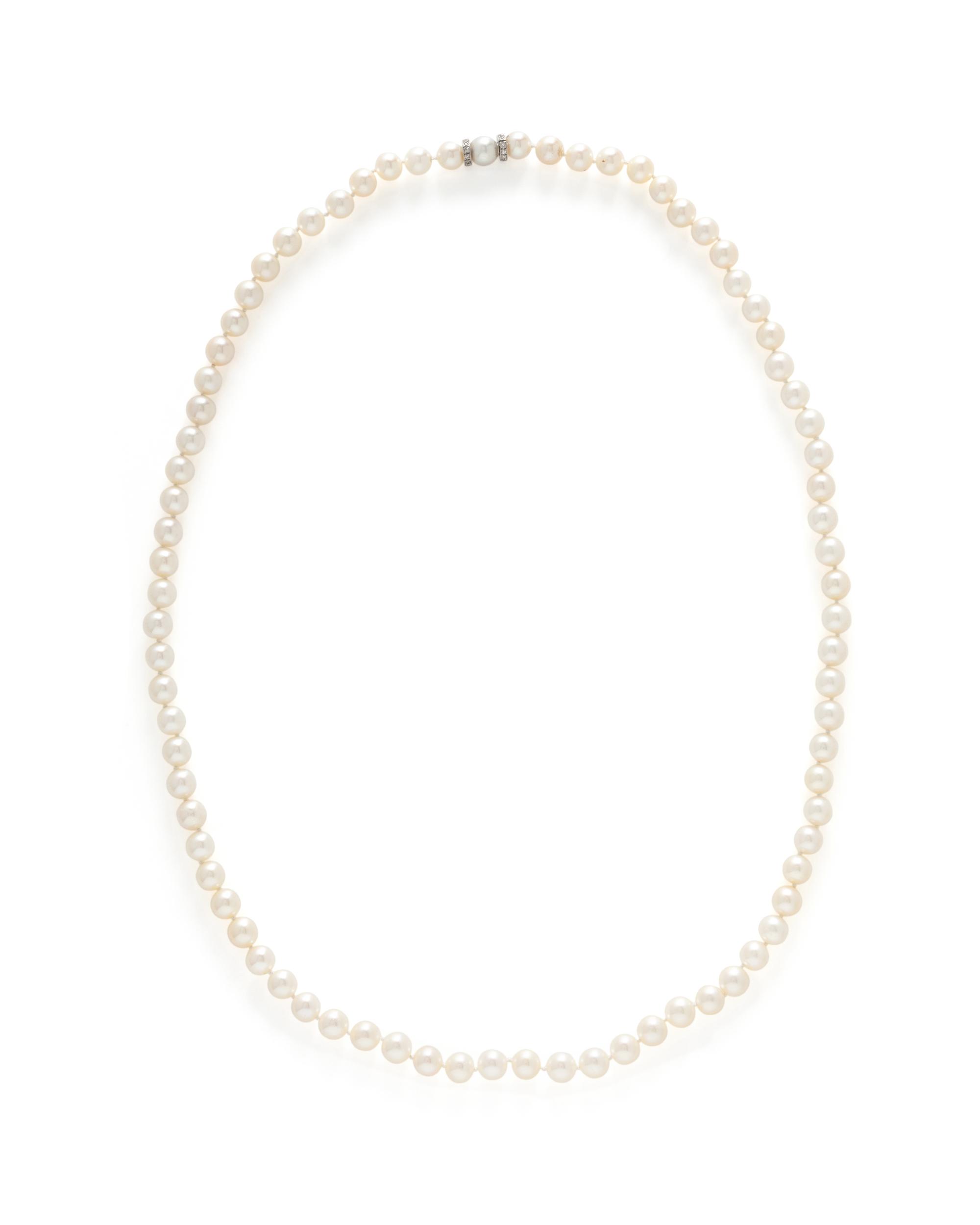 THREE CULTURED PEARL AND DIAMOND NECKLACES WITH TWO BRACELETS