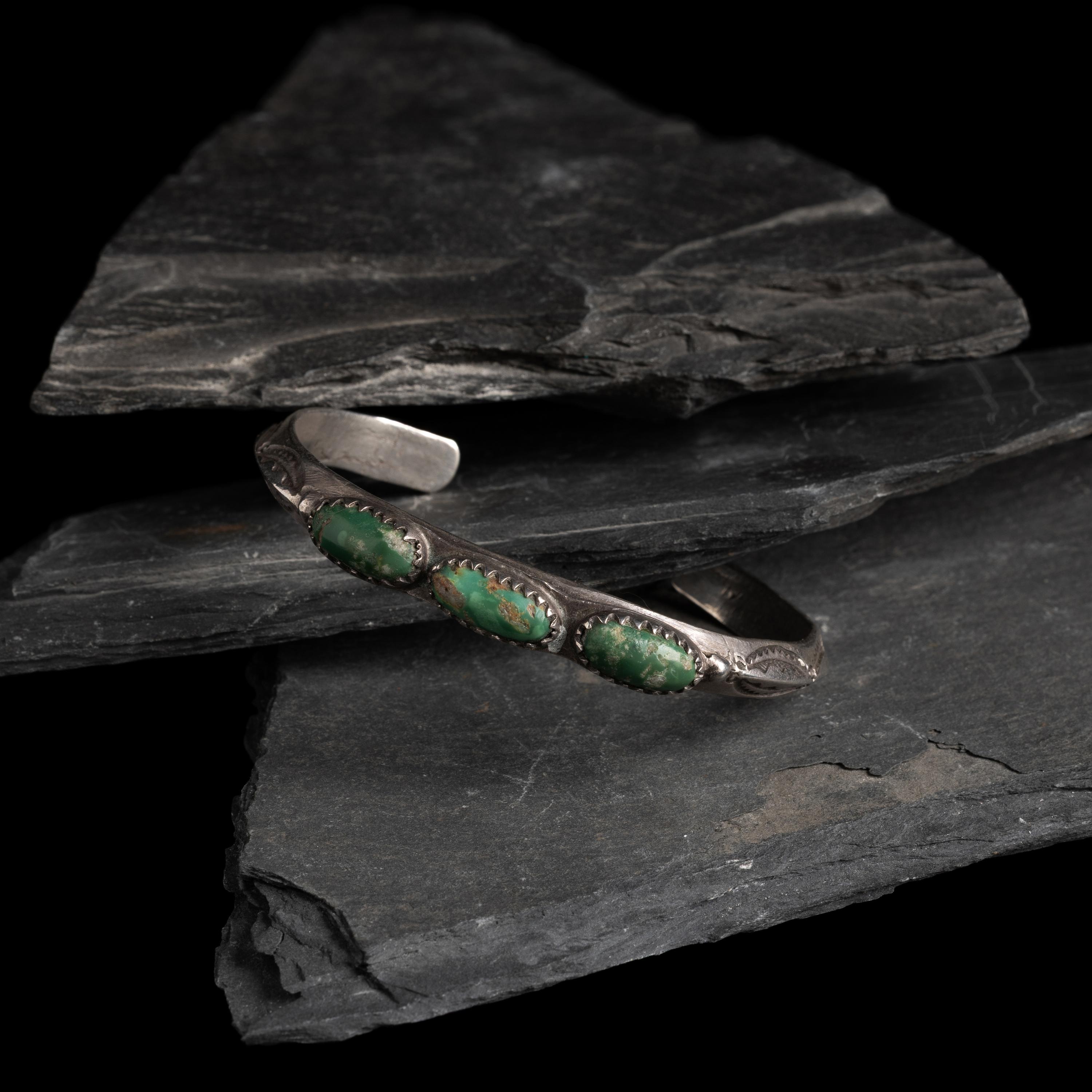 Navajo Stamped and Carinated Ingot Cuff Bracelet with Cerrillos Turquoise