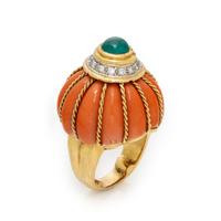 Coral, Synthetic Emerald, and Diamond Ring