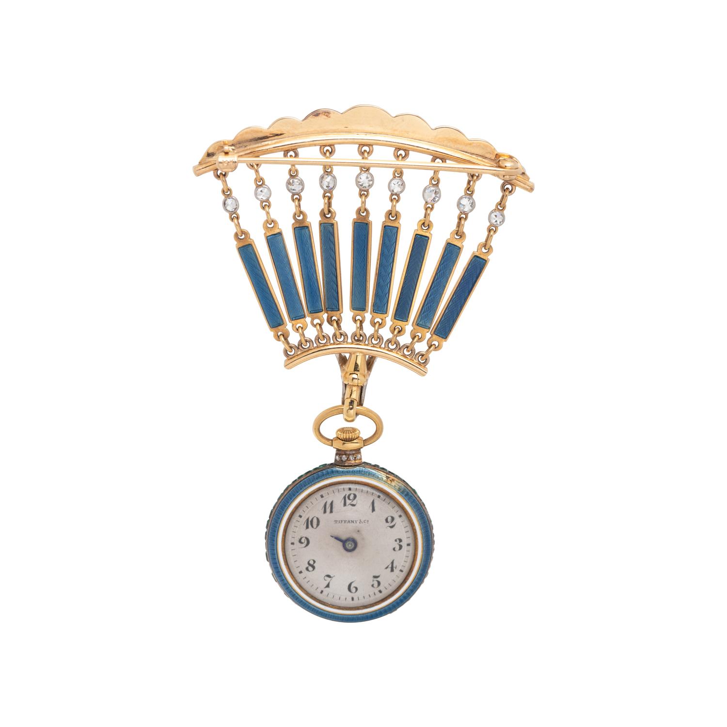 TIFFANY & CO., EDWARDIAN, DIAMOND AND ENAMEL LAPEL WATCH