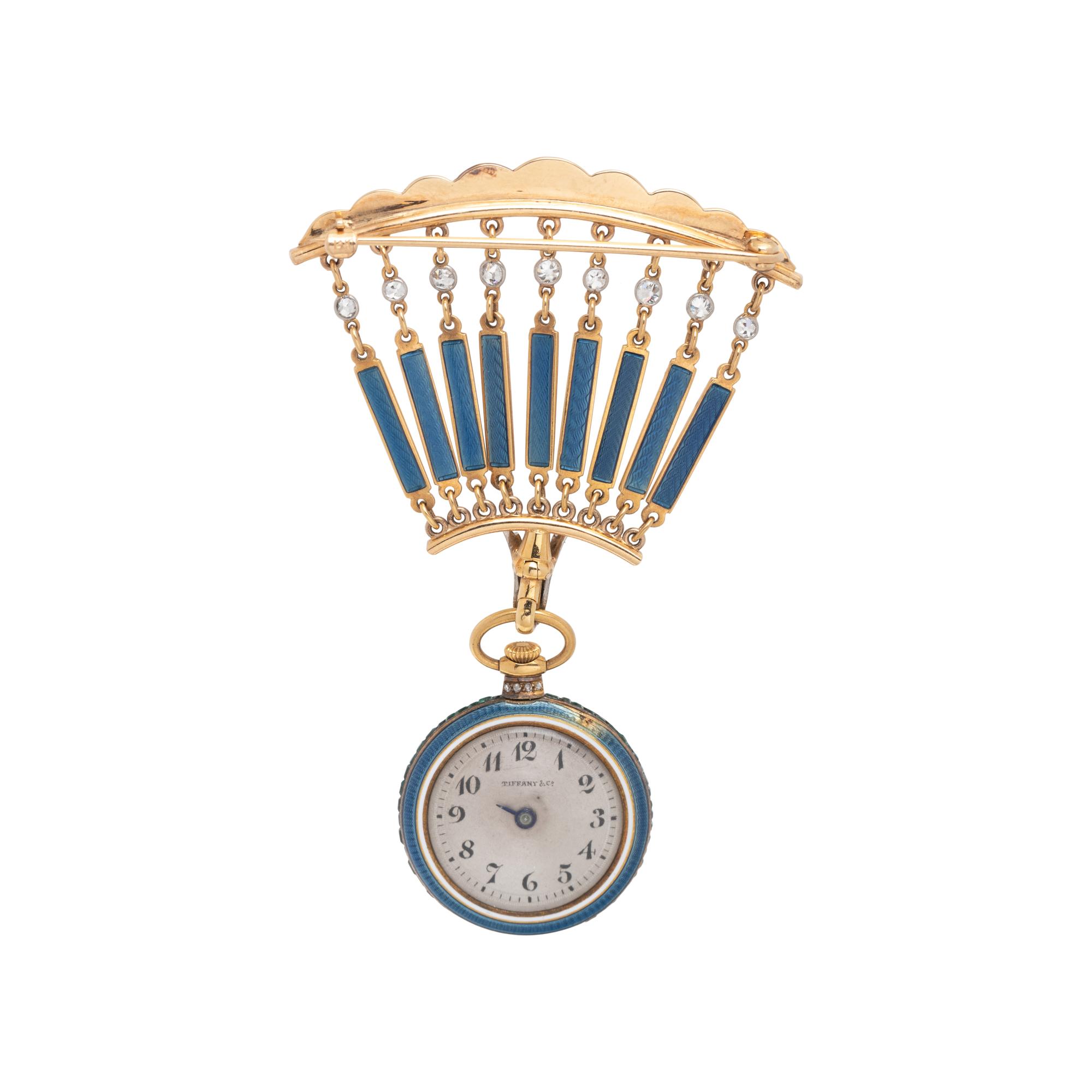 TIFFANY & CO., EDWARDIAN, DIAMOND AND ENAMEL LAPEL WATCH