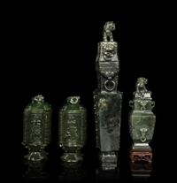 Four Chinese Jade Archaistic Style Vases and Covers
