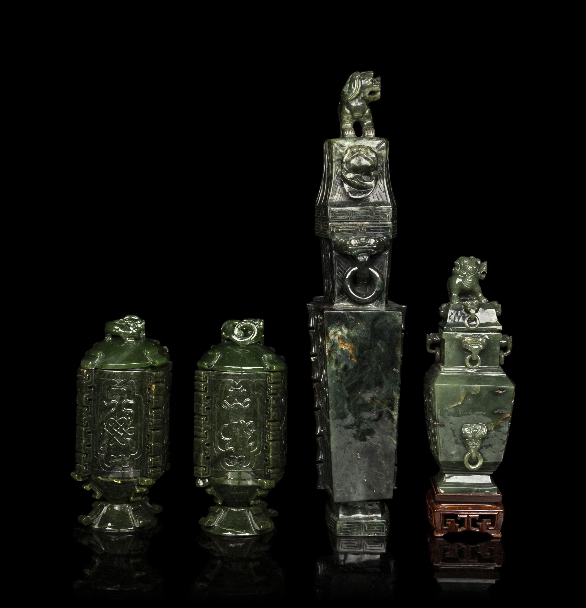 Four Chinese Jade Archaistic Style Vases and Covers