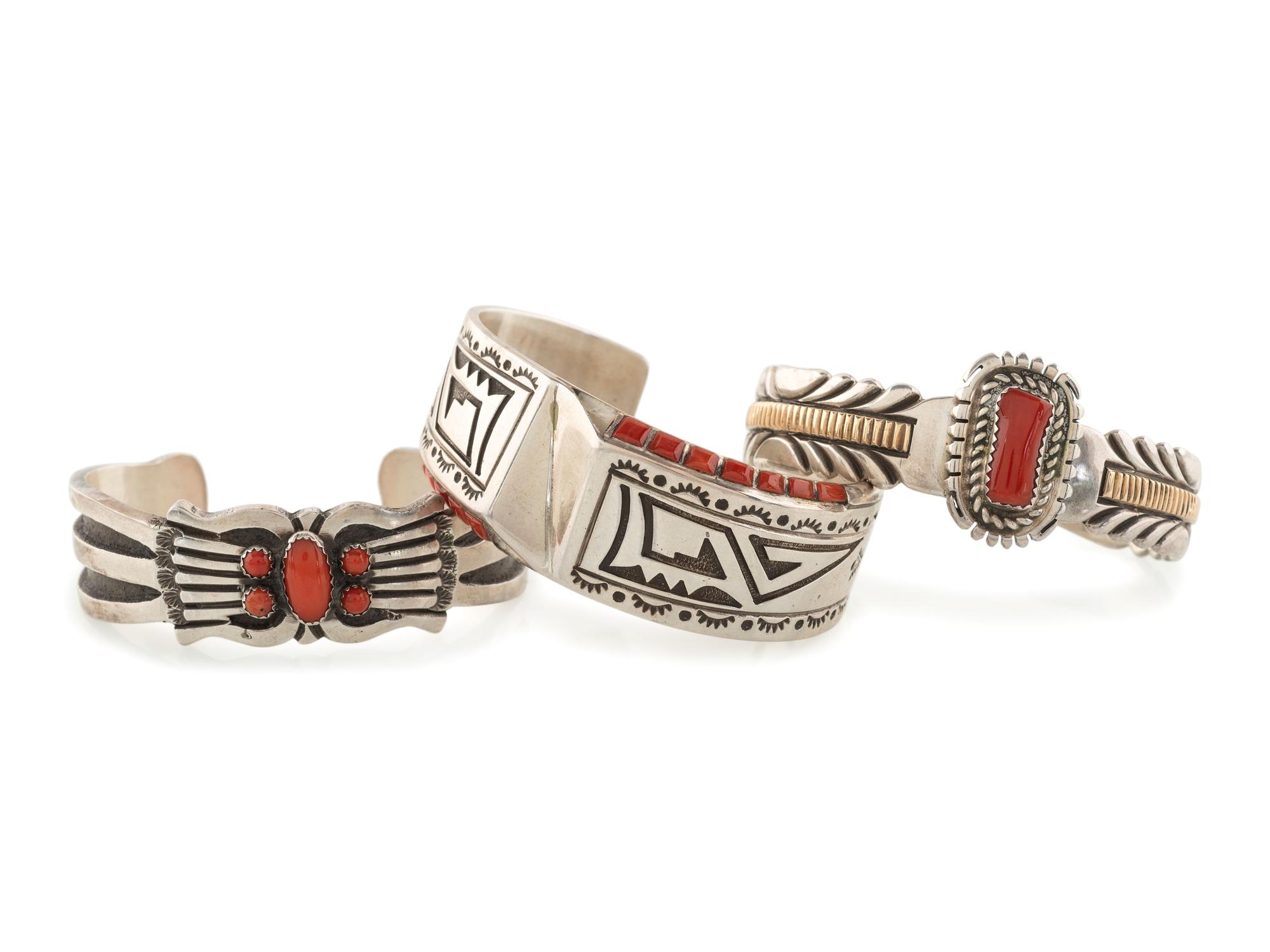 Navajo Sterling Silver and Coral Cuff Bracelets