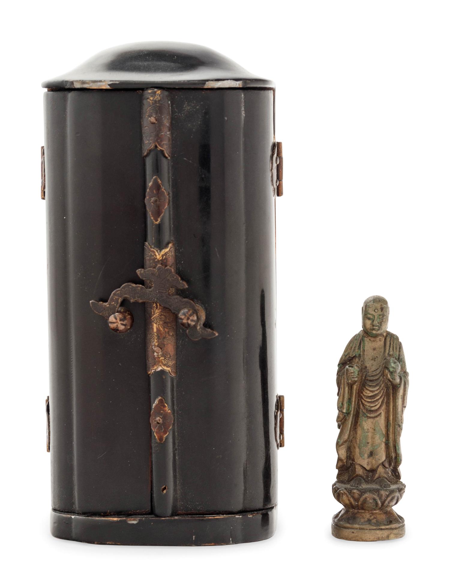 A Small Japanese Black Lacquered Buddhist Shrine with a Small Gilt Bronze Figure of Standing Buddha