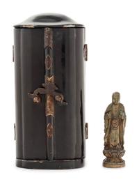 A Small Japanese Black Lacquered Buddhist Shrine with a Small Gilt Bronze Figure of Standing Buddha