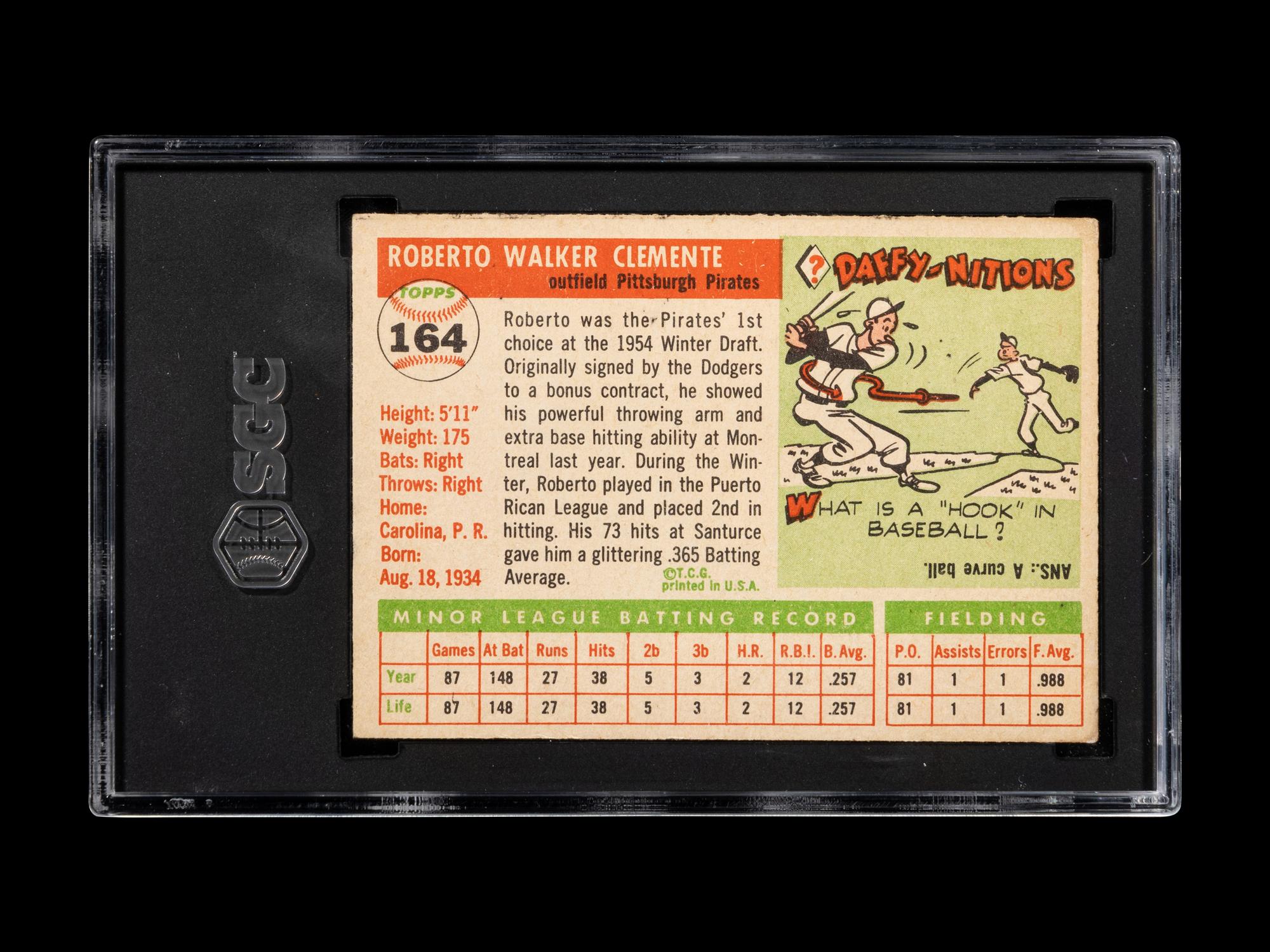 A 1955 Topps Roberto Clemente Rookie Baseball Card No. 164 (SGC 4.5 VG-EX+)