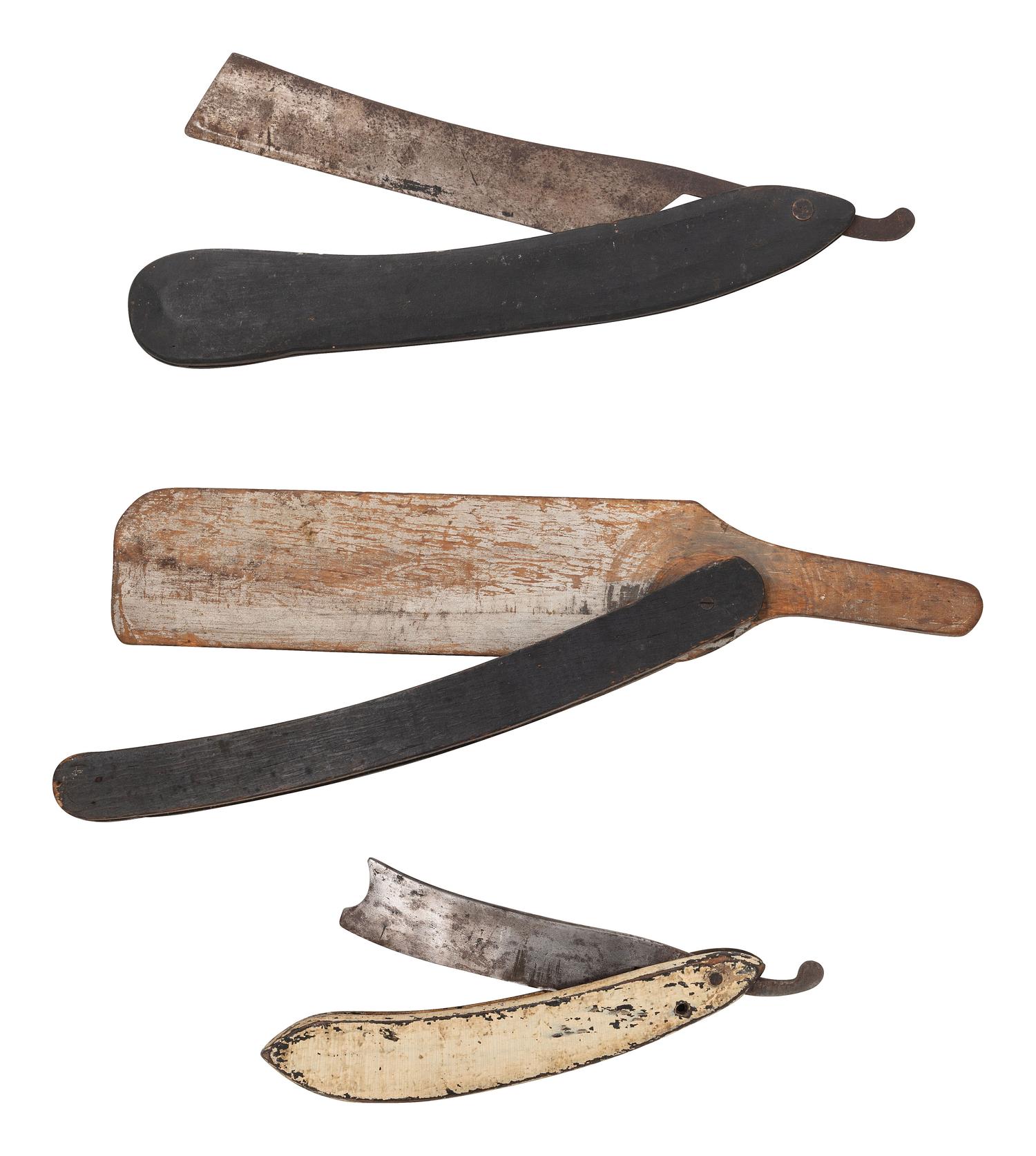 Three Painted Wood and Metal Store Display Straight Razors