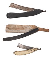 Three Painted Wood and Metal Store Display Straight Razors