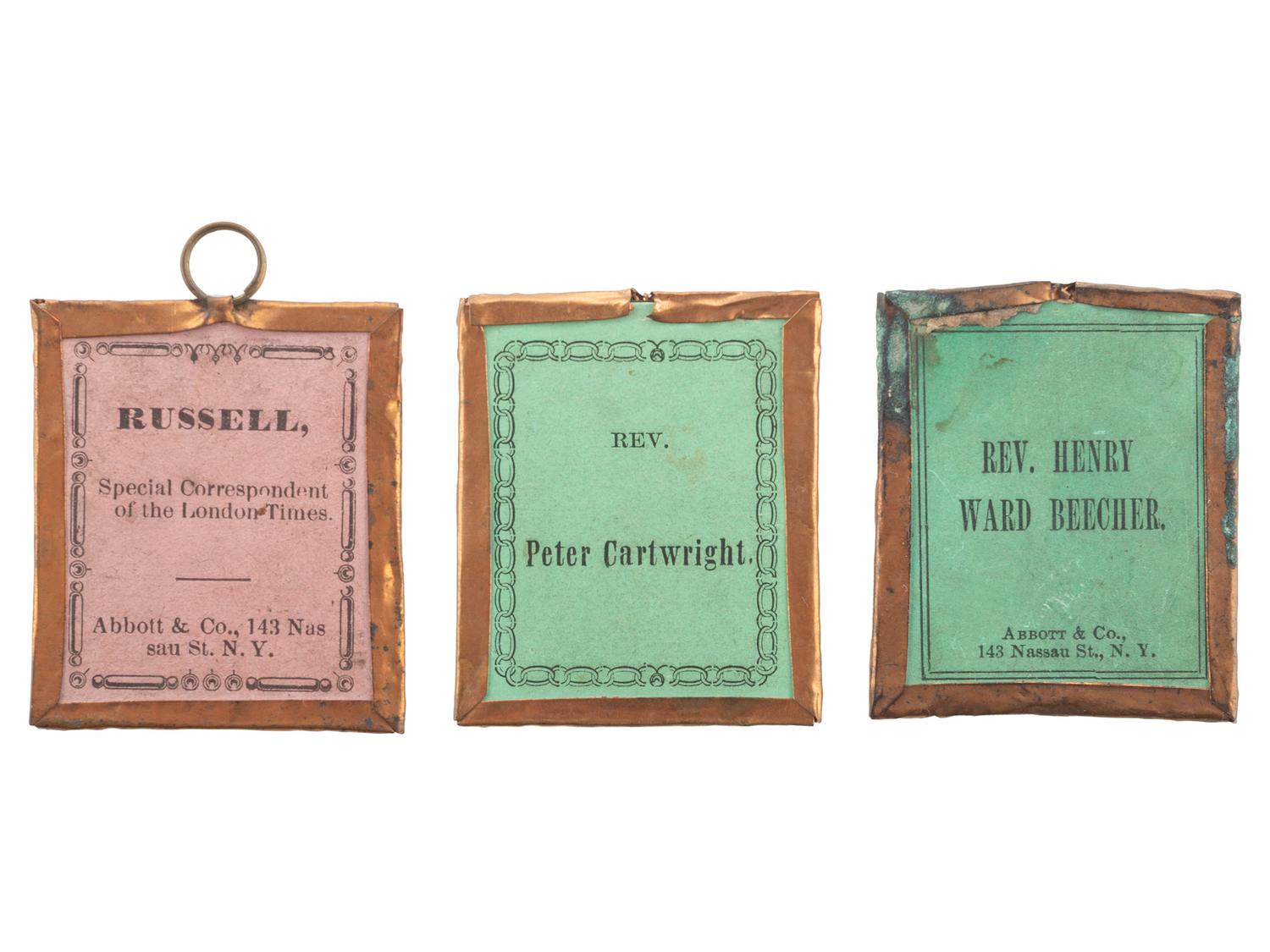 [ABOLITION] -- [POLITICS]. A group of 3 Abbot & Co. sixteenth plate tintypes of Peter Cartwright, Henry Ward Beecher, and William Howard Russell.