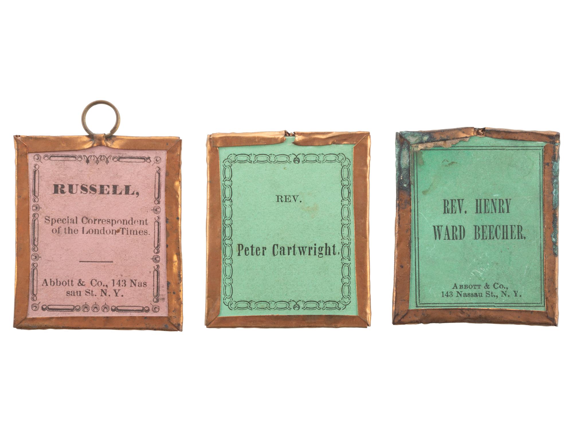 [ABOLITION] -- [POLITICS]. A group of 3 Abbot & Co. sixteenth plate tintypes of Peter Cartwright, Henry Ward Beecher, and William Howard Russell.