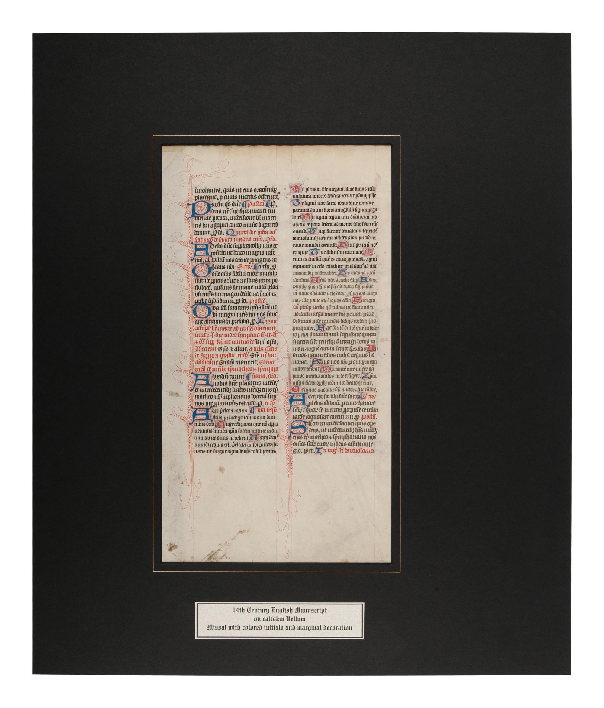 [MANUSCRIPT LEAF -- MISSAL]. One leaf on vellum, in Latin. England?, ca 1375.