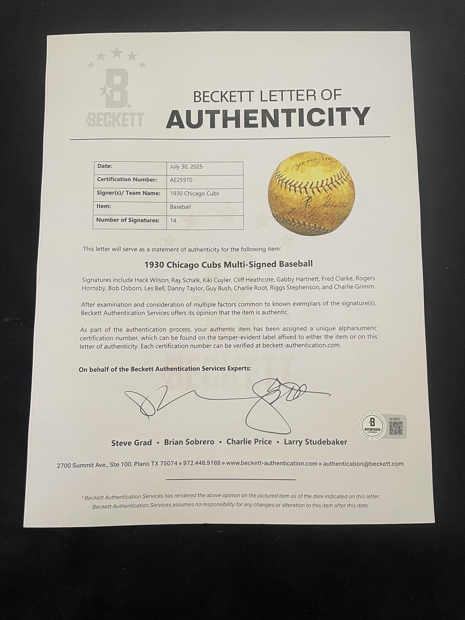 A 1930 Chicago Cubs Team Signed Autograph Baseball with Rogers Hornsby, Hack Wilson, Kiki Cuyler and Gabby Hartnett (Beckett Authentication Services Letter)