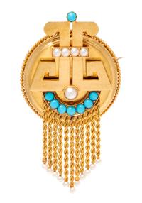 An Etruscan Revival 18 Karat Yellow Gold, Turquoise and Seed Pearl Brooch, French, 10.10 dwts.