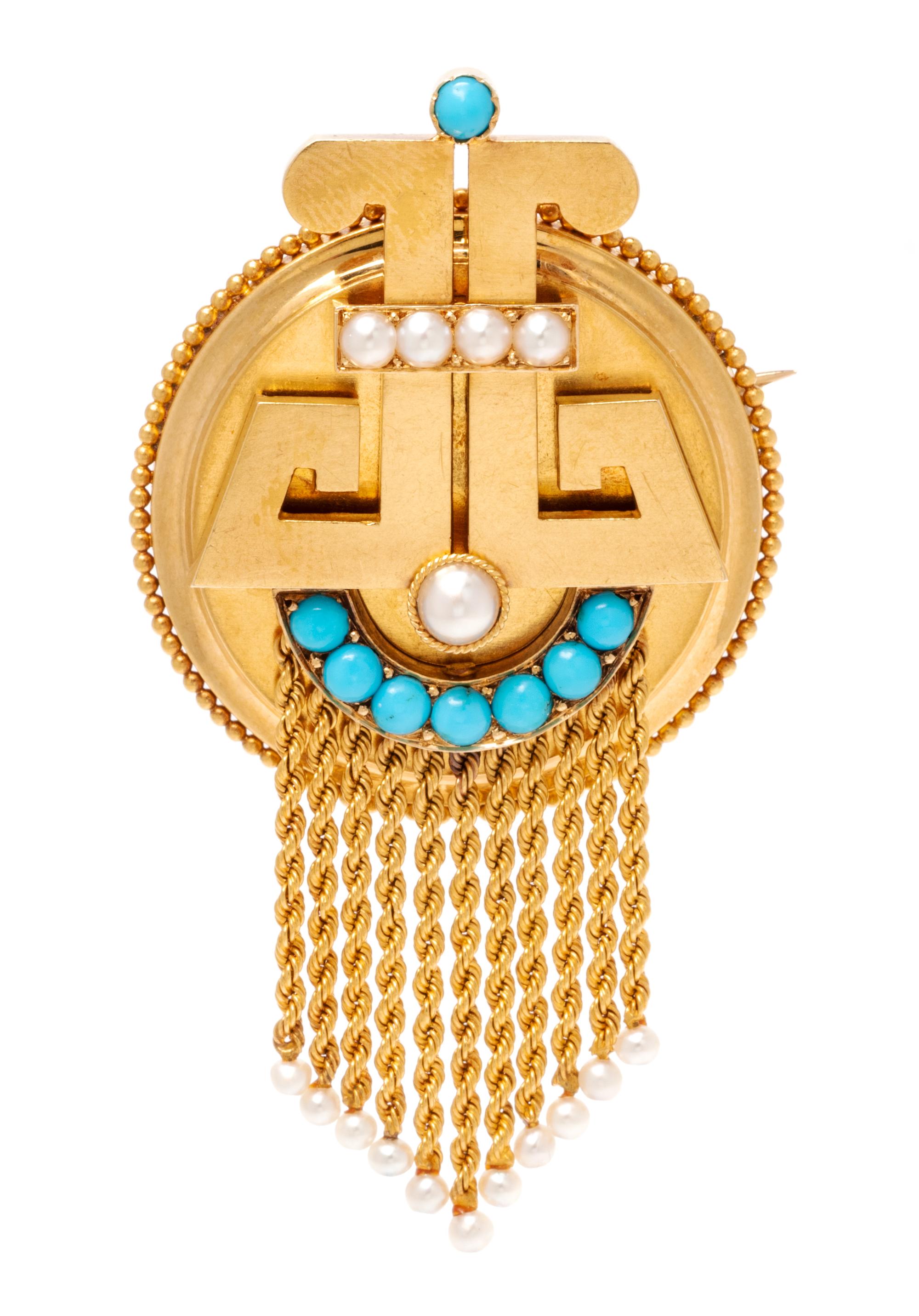 An Etruscan Revival 18 Karat Yellow Gold, Turquoise and Seed Pearl Brooch, French, 10.10 dwts.