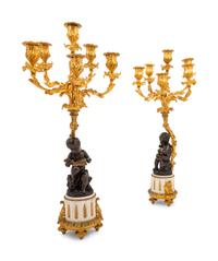 A Pair of Louis XVI Style Gilt and Patinated Bronze Figural Seven-Light Candelabra