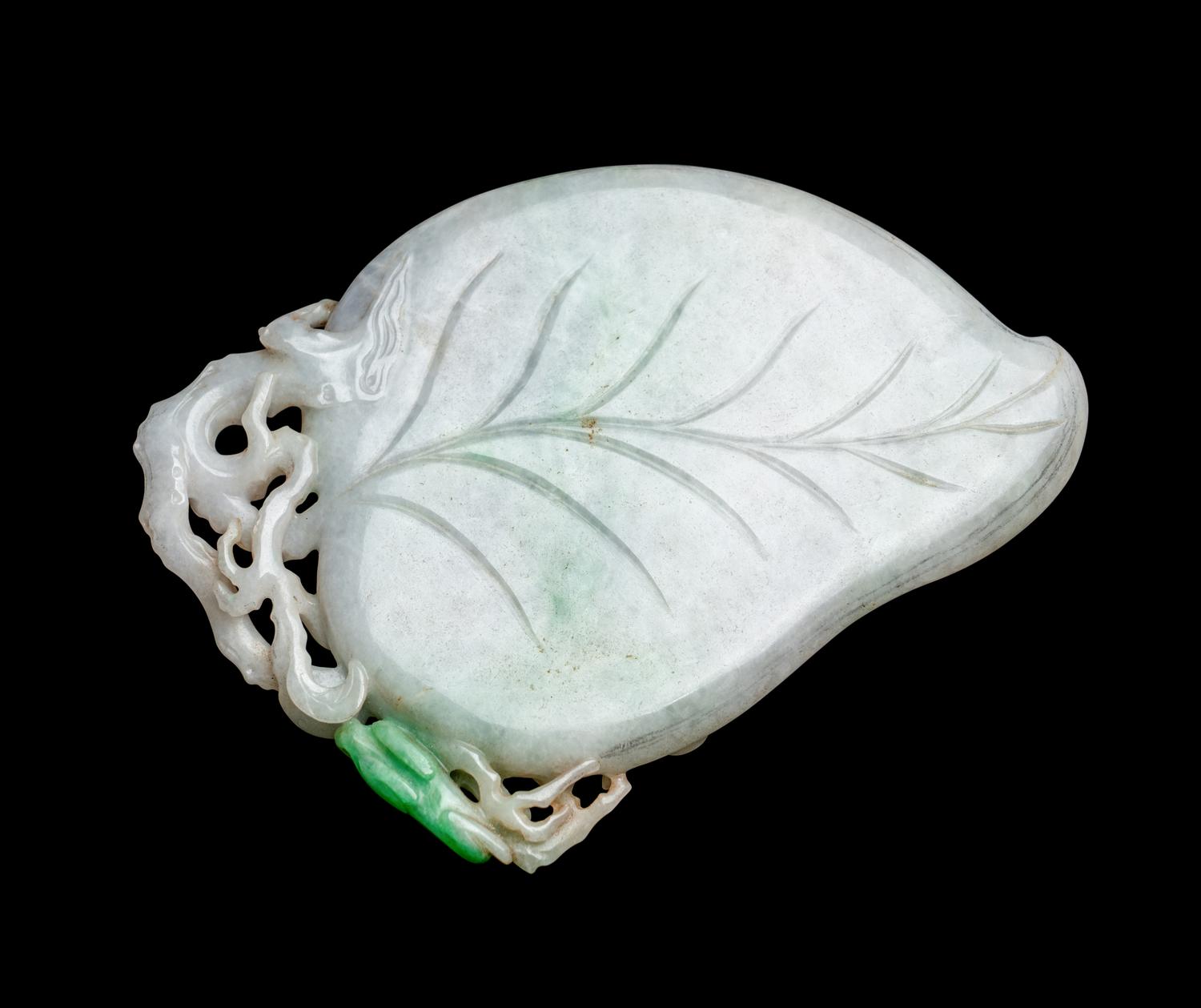 A Chinese Apple Green and White Jadeite Leaf-Form Ink Palette