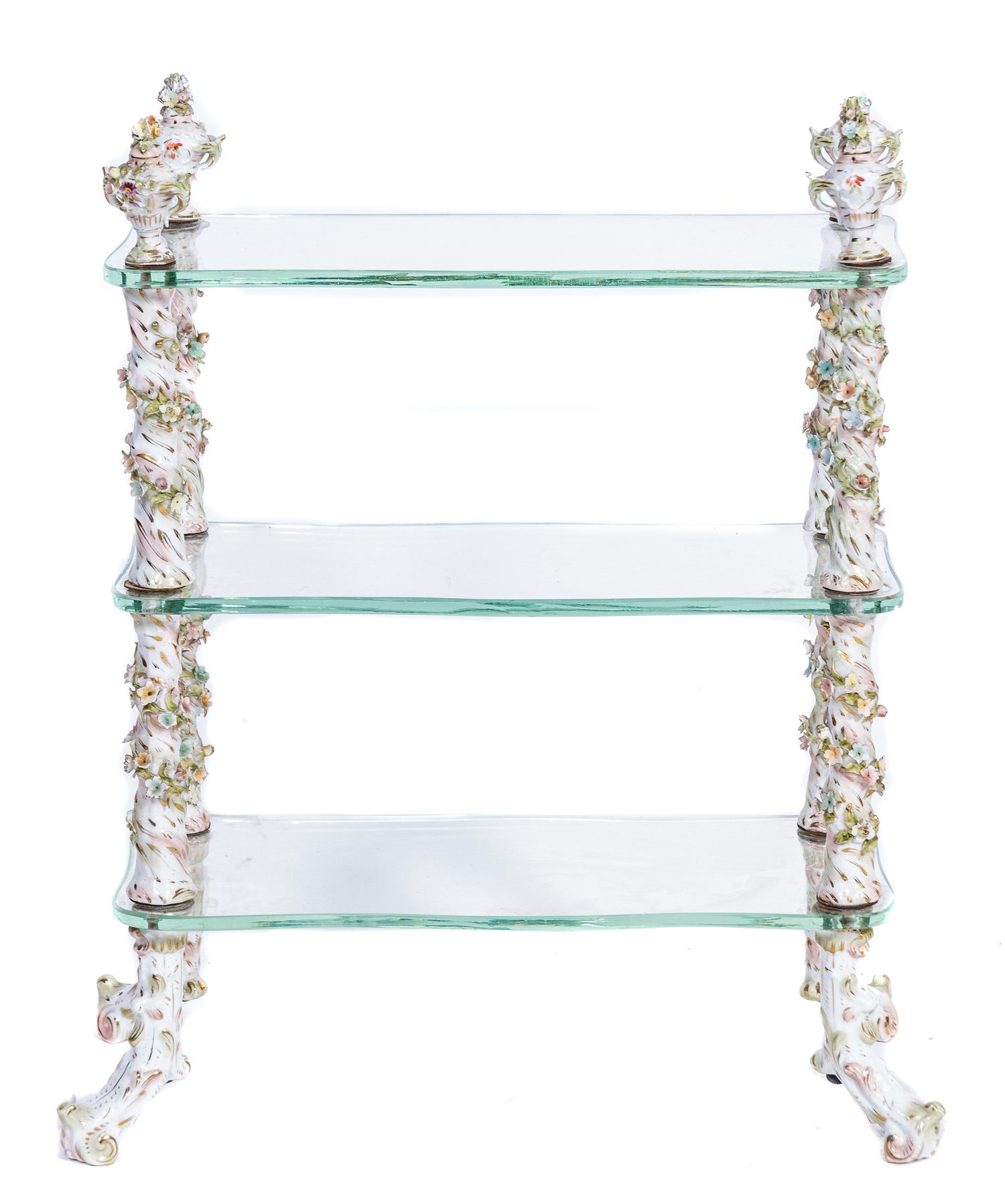 A Dresden Porcelain Mounted Two-Tier Etagere Height 13 x width 13 1/2 inches.