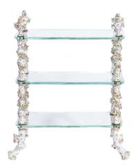 A Dresden Porcelain Mounted Two-Tier Etagere Height 13 x width 13 1/2 inches.