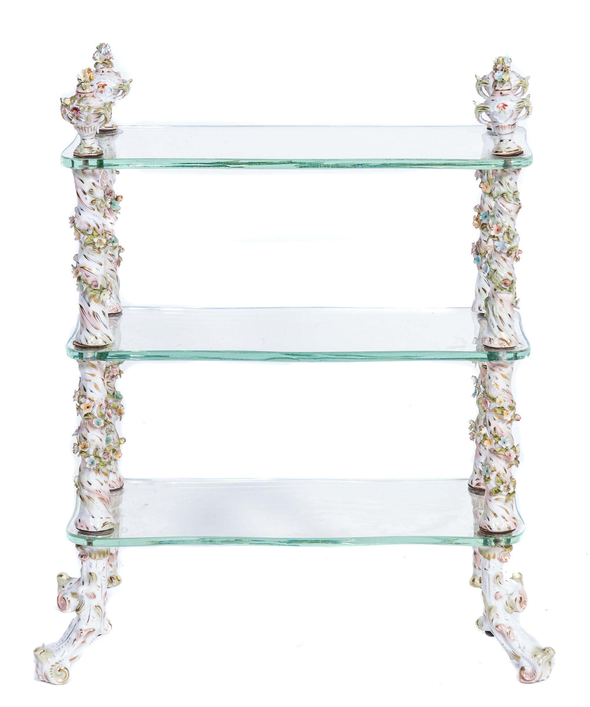 A Dresden Porcelain Mounted Two-Tier Etagere Height 13 x width 13 1/2 inches.
