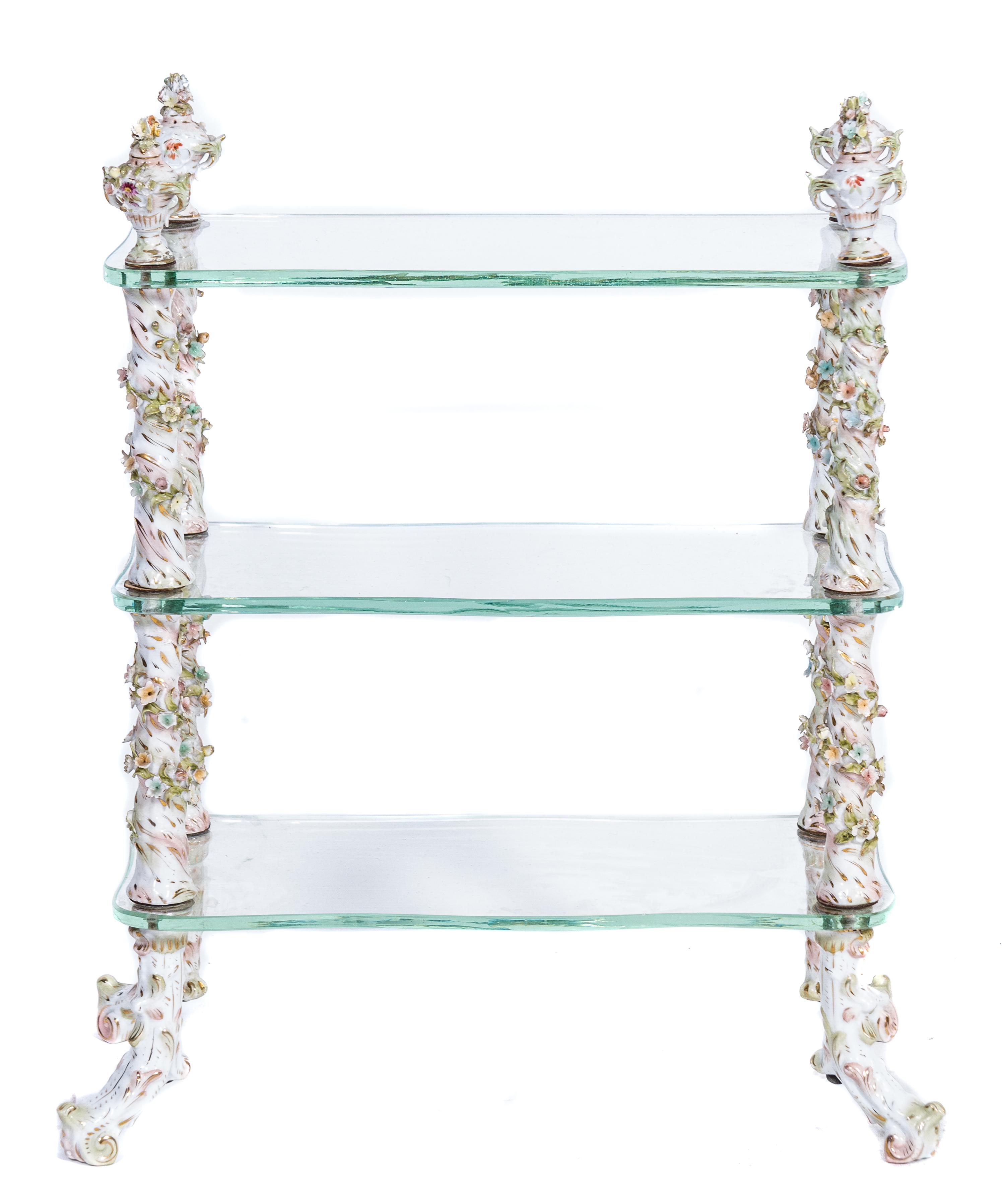A Dresden Porcelain Mounted Two-Tier Etagere Height 13 x width 13 1/2 inches.