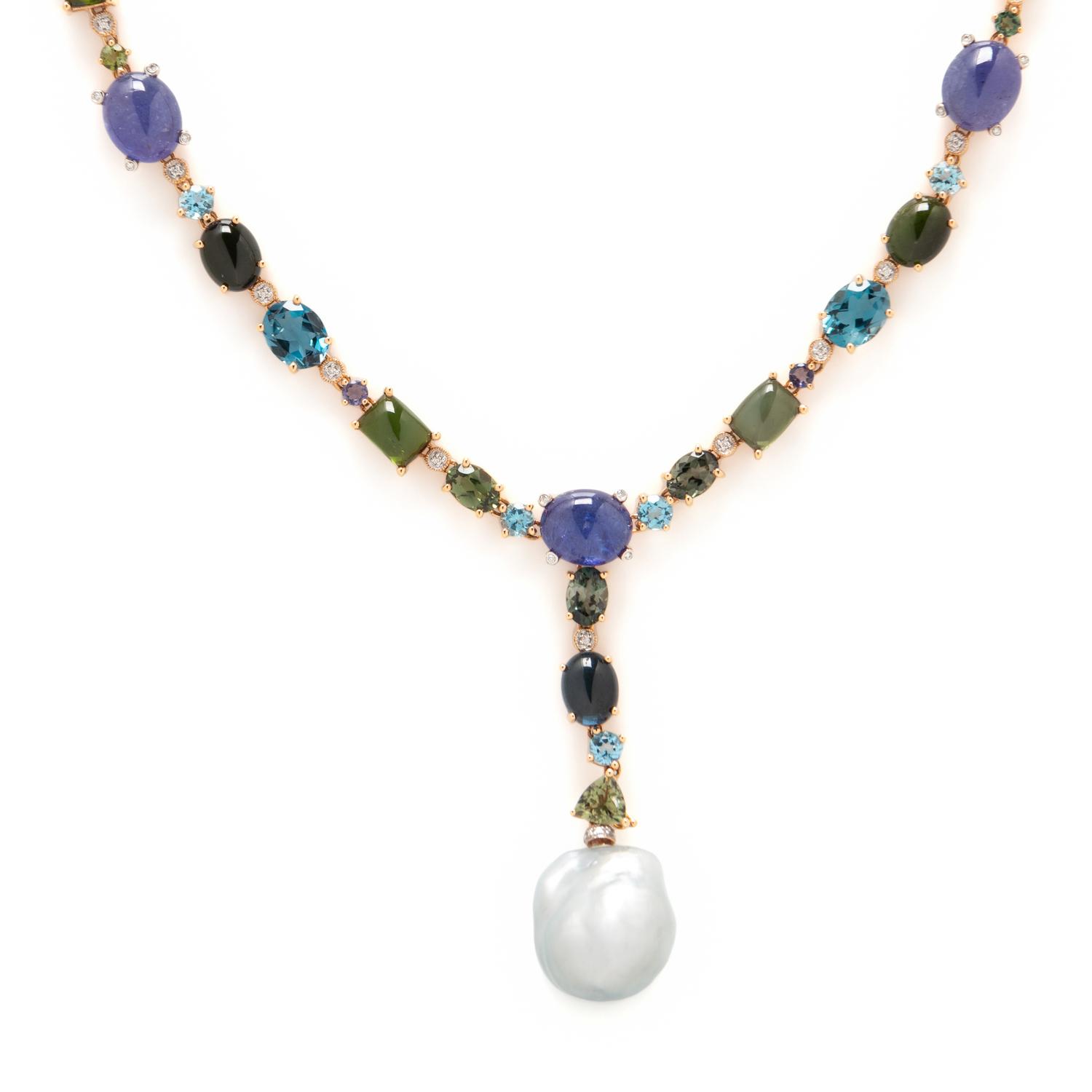 MULTIGEM, DIAMOND AND BAROQUE CULTURED PEARL DROP NECKLACE