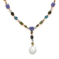 MULTIGEM, DIAMOND AND BAROQUE CULTURED PEARL DROP NECKLACE