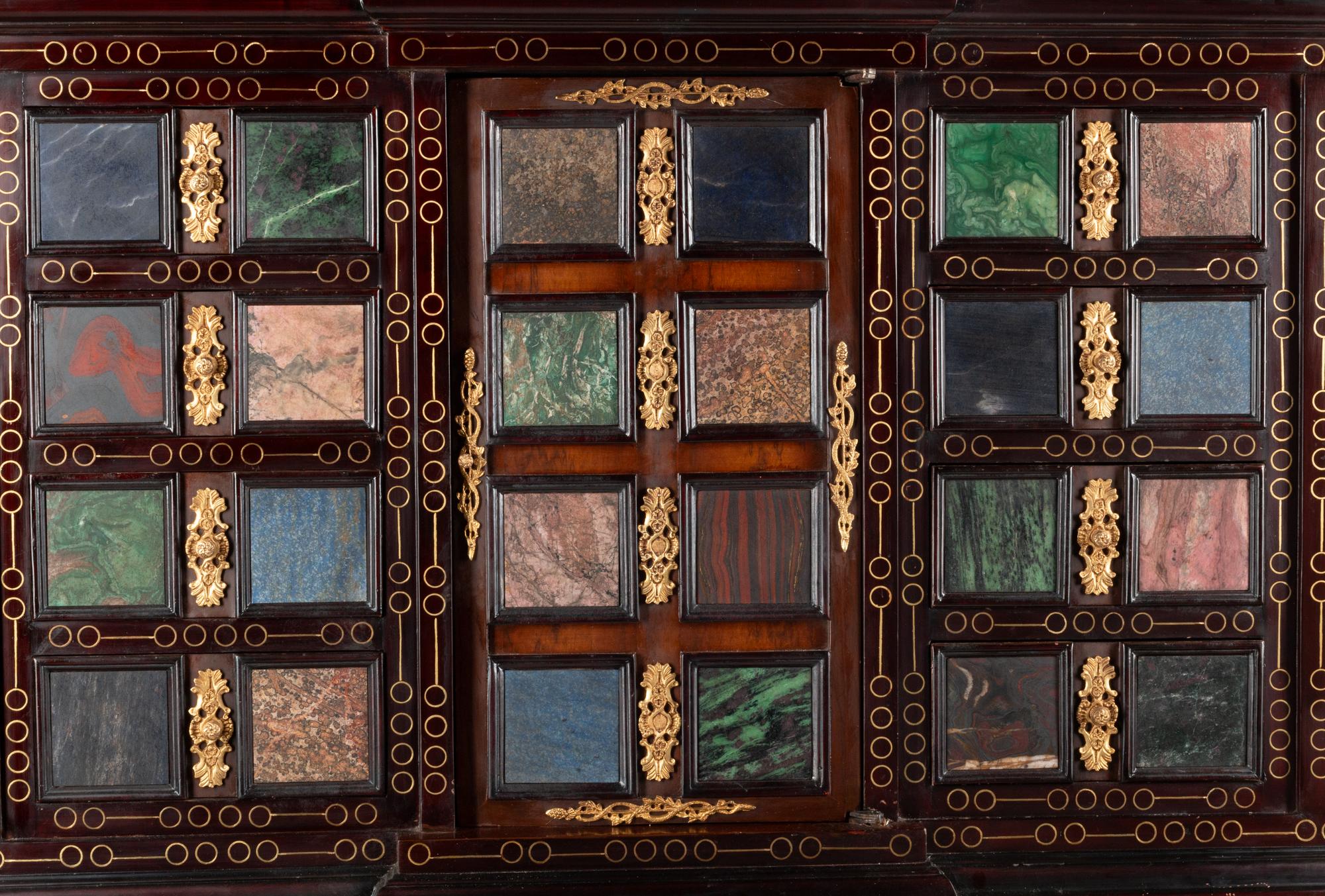 A Large Renaissance Style Semiprecious Stone Inlaid and Bronze Mounted Collector's Cabinet