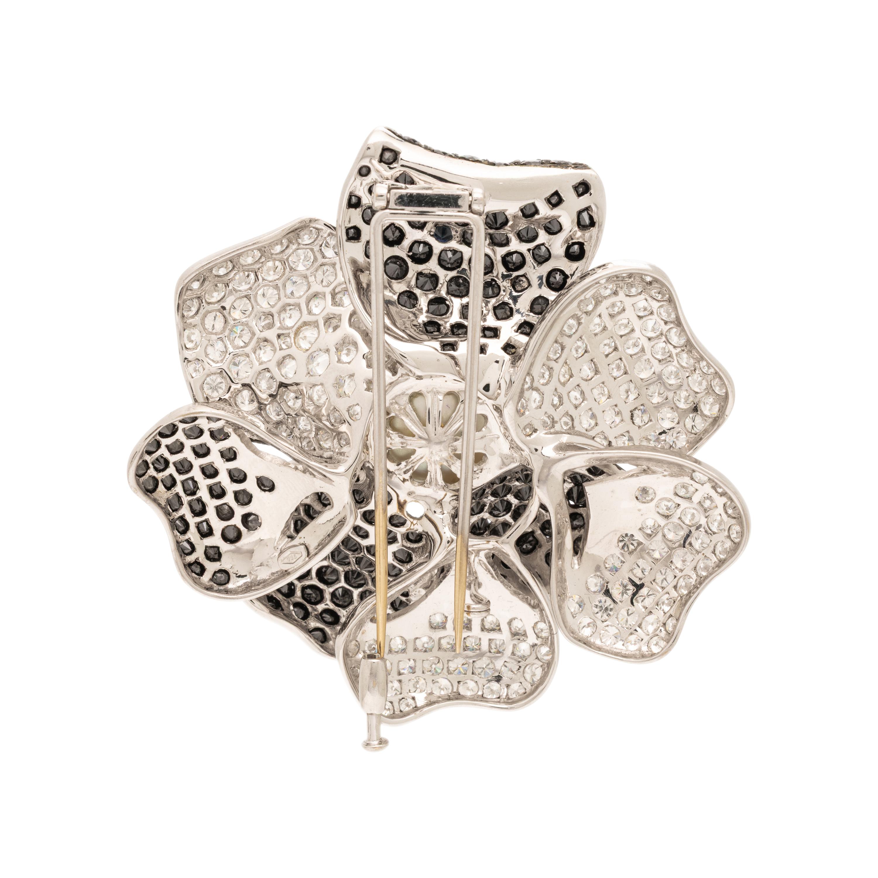Cultured Pearl, Diamond, and Black Diamond Flower Brooch