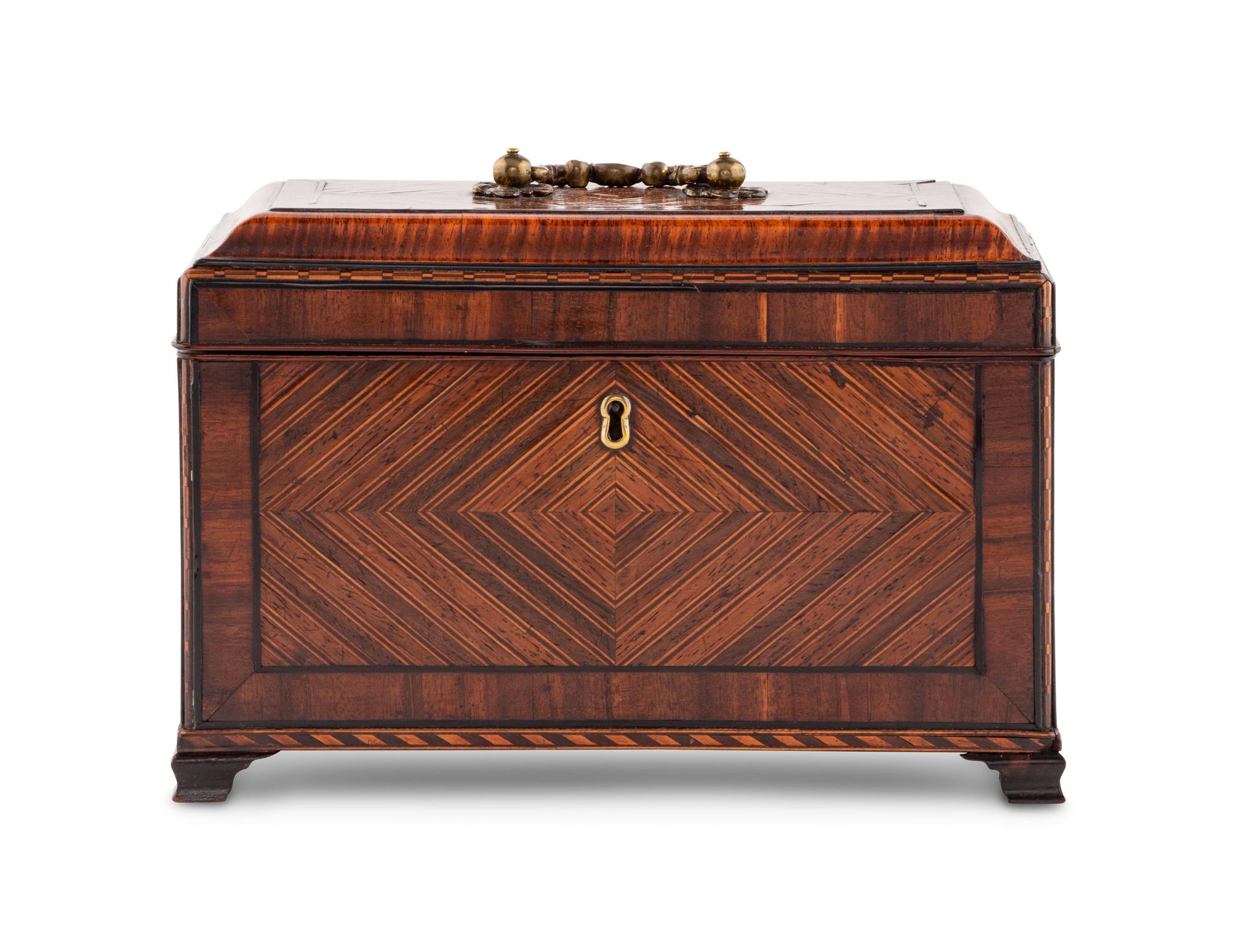A George III Tulipwood, Ebony and Fruitwood Parquetry Tea Caddy