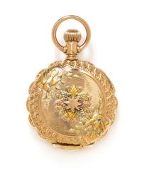 A 14 Karat Tricolor Gold Hunter Case Pocket Watch, Waltham, Circa 1891, 26.10 dwts.