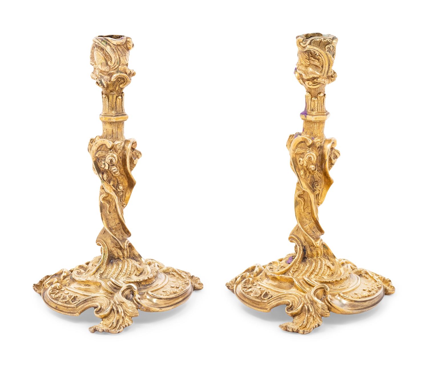A Pair of Rococo Style Gilt Bronze Candlesticks