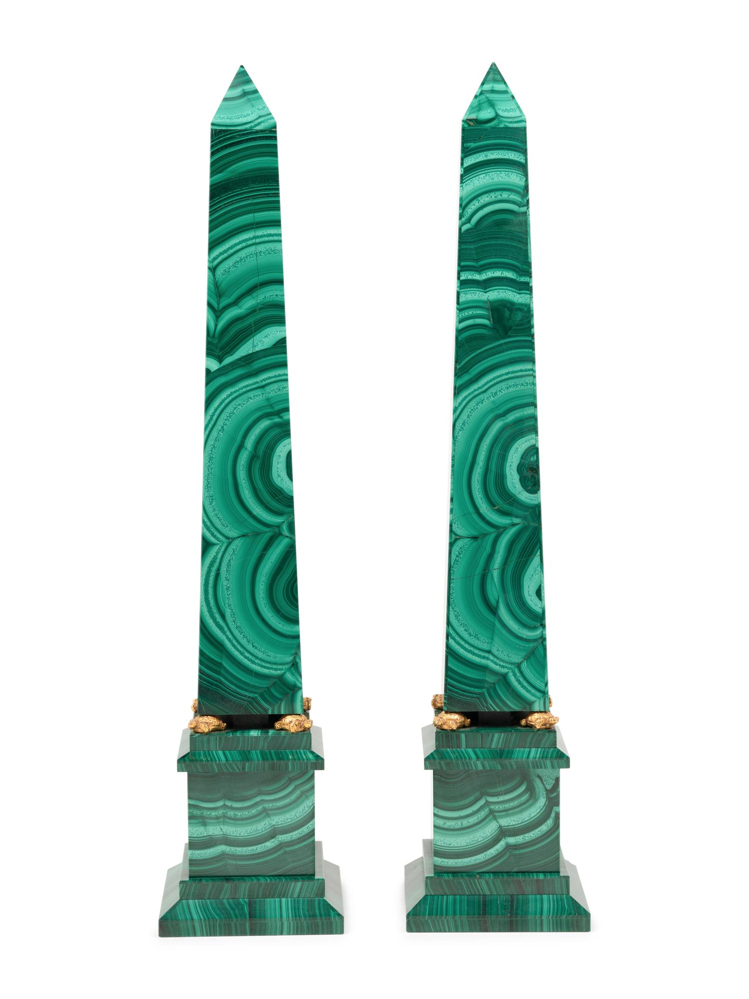 A Pair of Italian Gilt Bronze Mounted and Malachite Veneered Obelisks