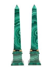A Pair of Italian Gilt Bronze Mounted and Malachite Veneered Obelisks