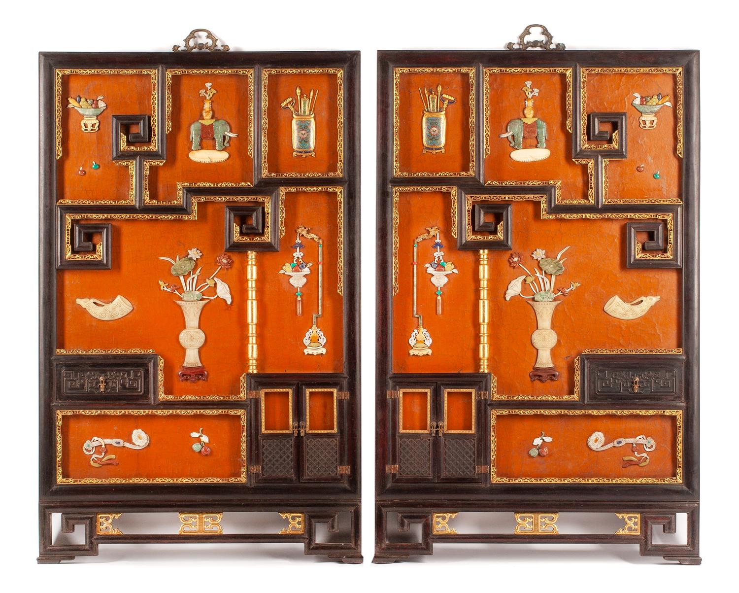 A Pair of Chinese Hardstone Inlaid Wall Panels Height 56 x width 35 x depth 1 3/4 inches.