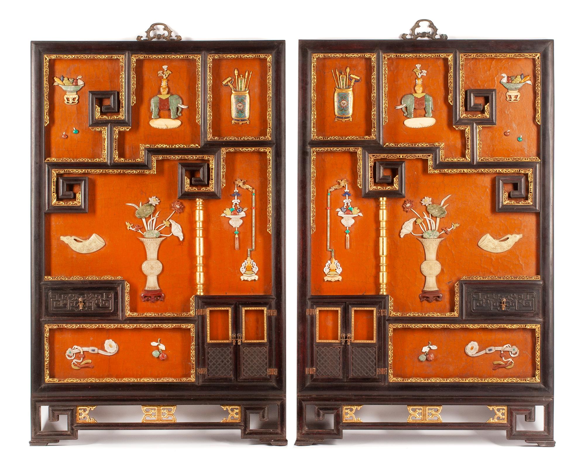 A Pair of Chinese Hardstone Inlaid Wall Panels Height 56 x width 35 x depth 1 3/4 inches.