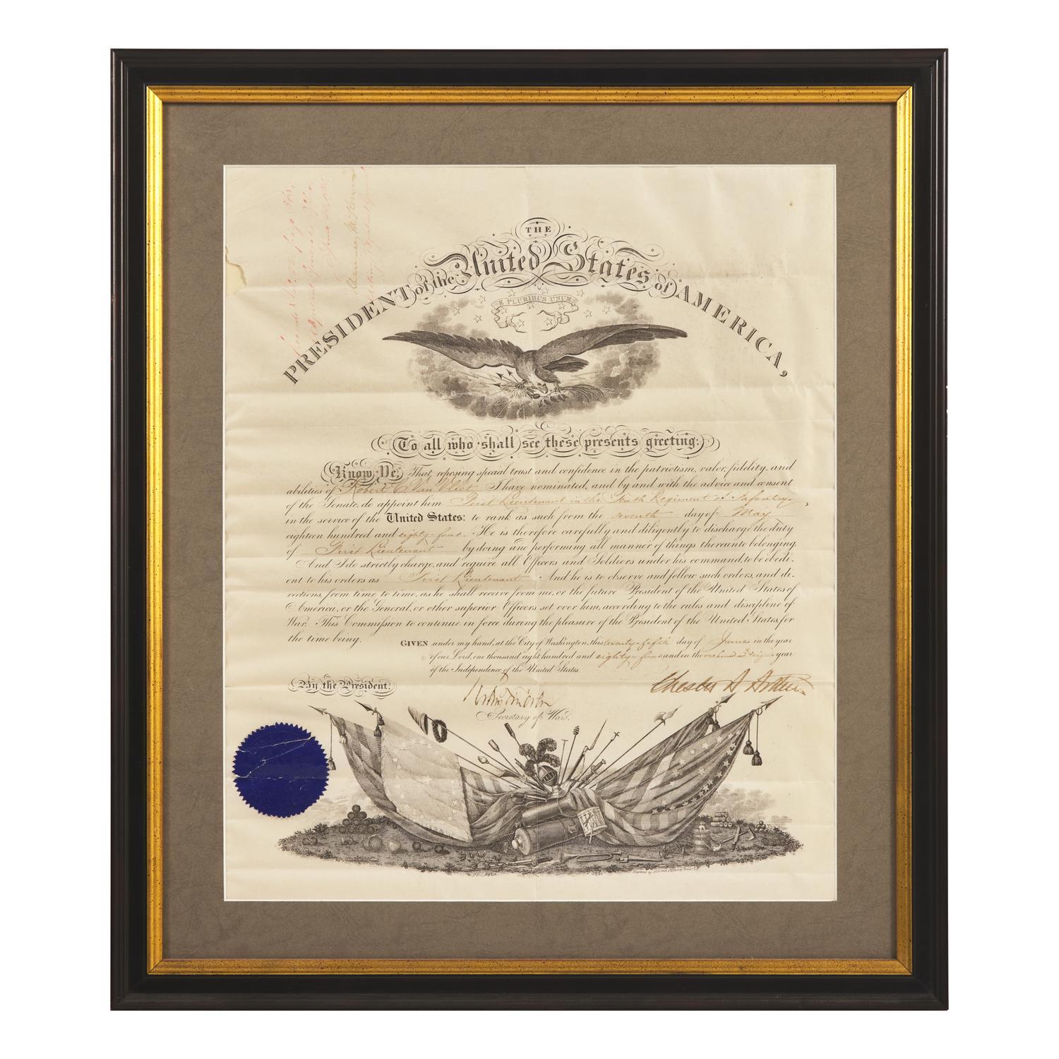 [Presidential] Arthur, Chester A. Partially-Printed Military Commission, signed