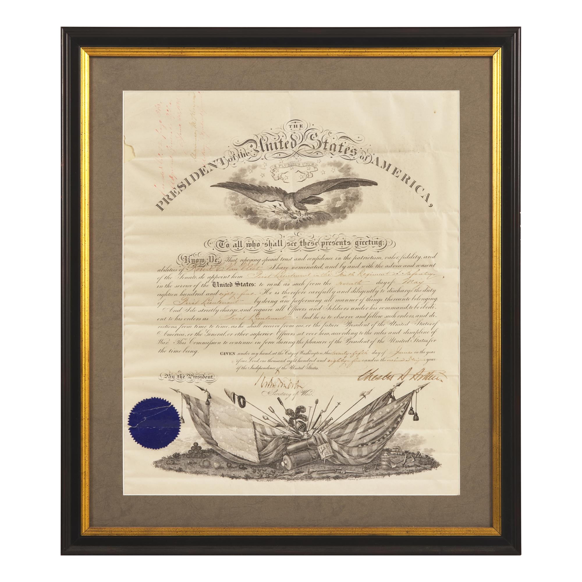[Presidential] Arthur, Chester A. Partially-Printed Military Commission, signed
