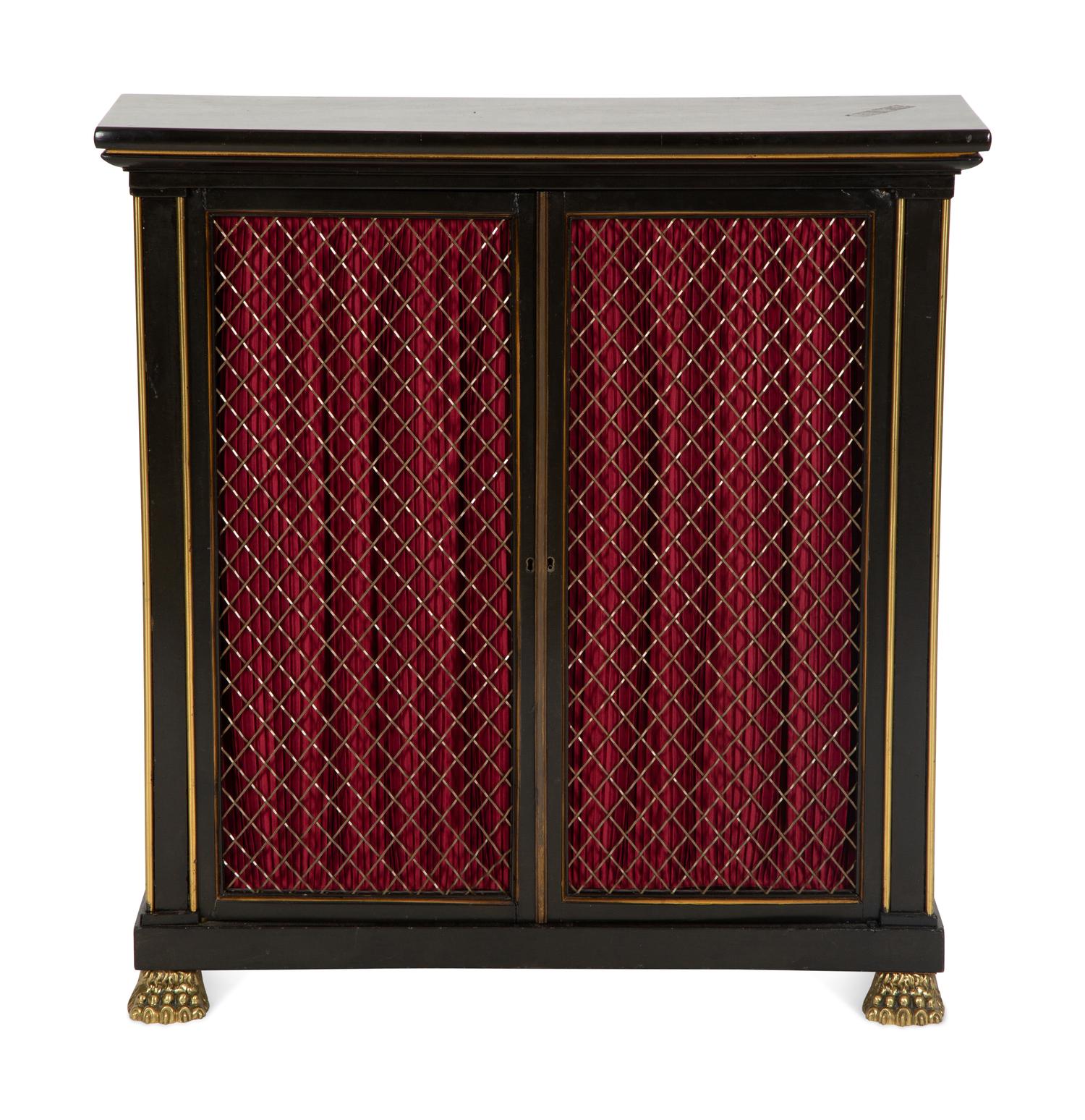 A Pair of Regency Style Black and Gilt Decorated Console Cabinets — 20th Century