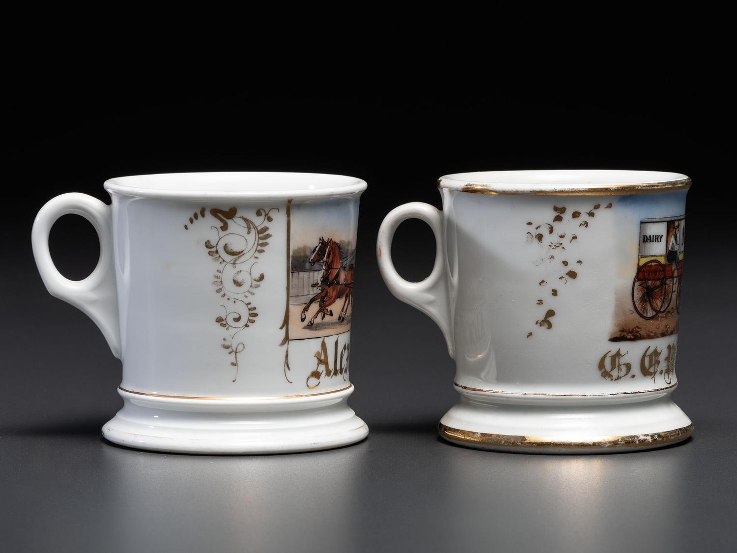 Two Porcelain Occupational Shaving Mugs with Horse-Drawn Delivery Wagons