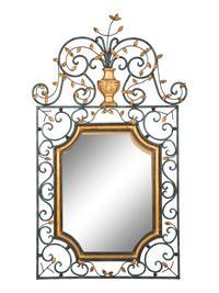 A Painted and Parcel Gilt Scrolled Wrought Iron Mirror