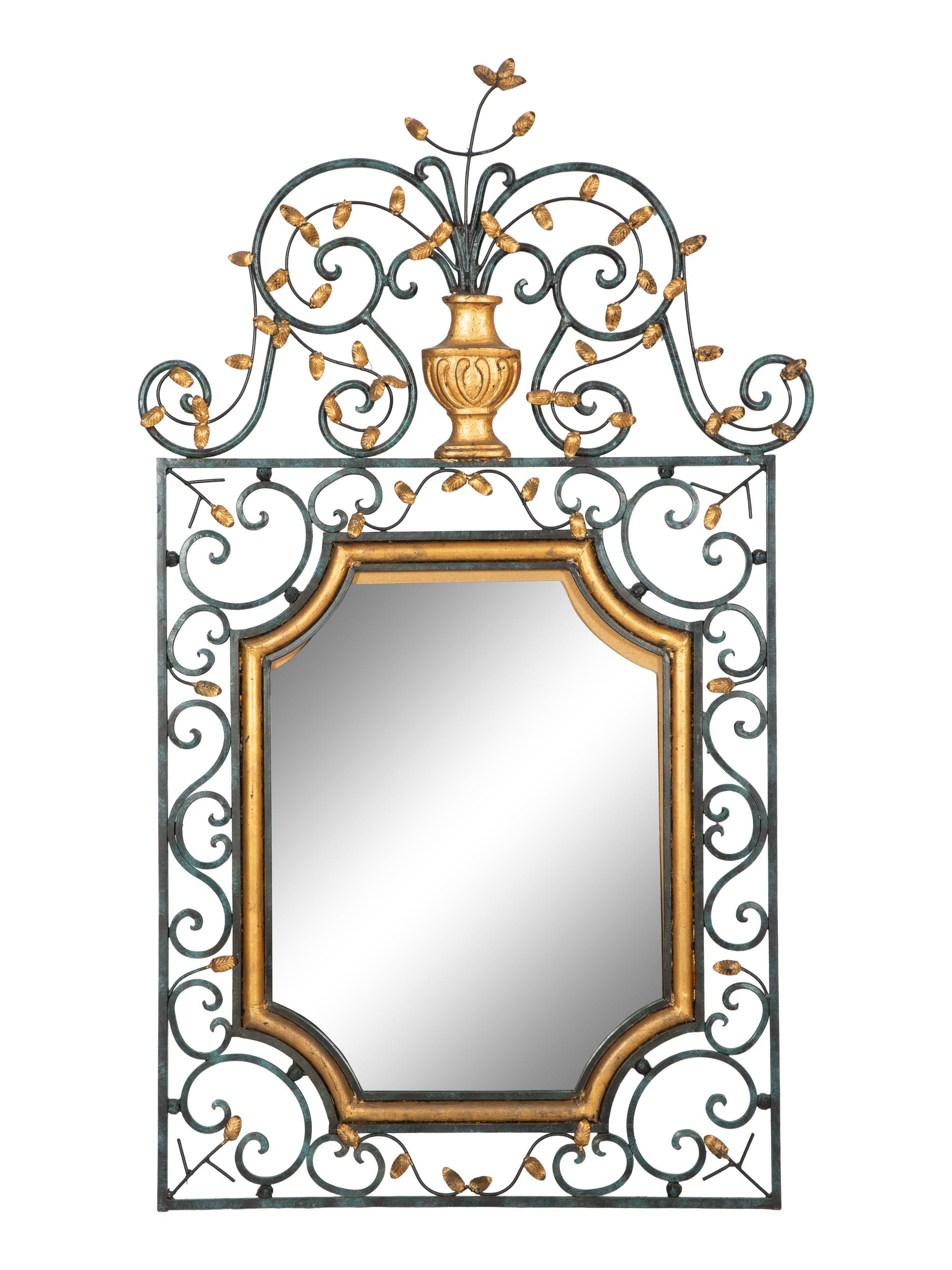 A Painted and Parcel Gilt Scrolled Wrought Iron Mirror
